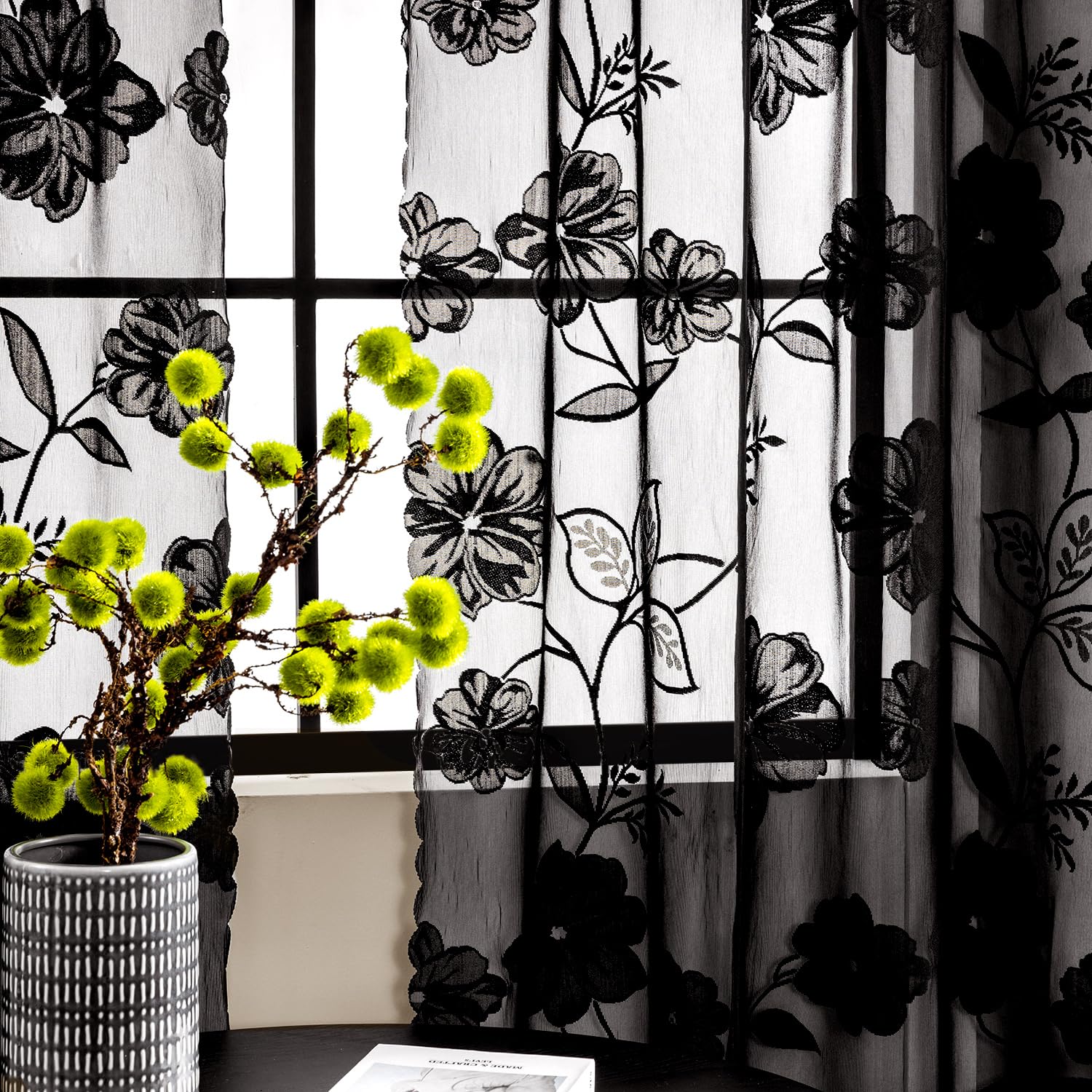 Treatmentex black lace sheer curtains softly filter light and preserve privacy