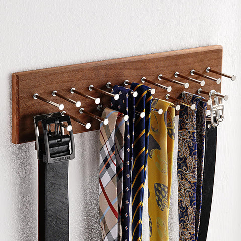 TreeHouse London tie rack on wall holds 40 large ties for easy outfit coordination.