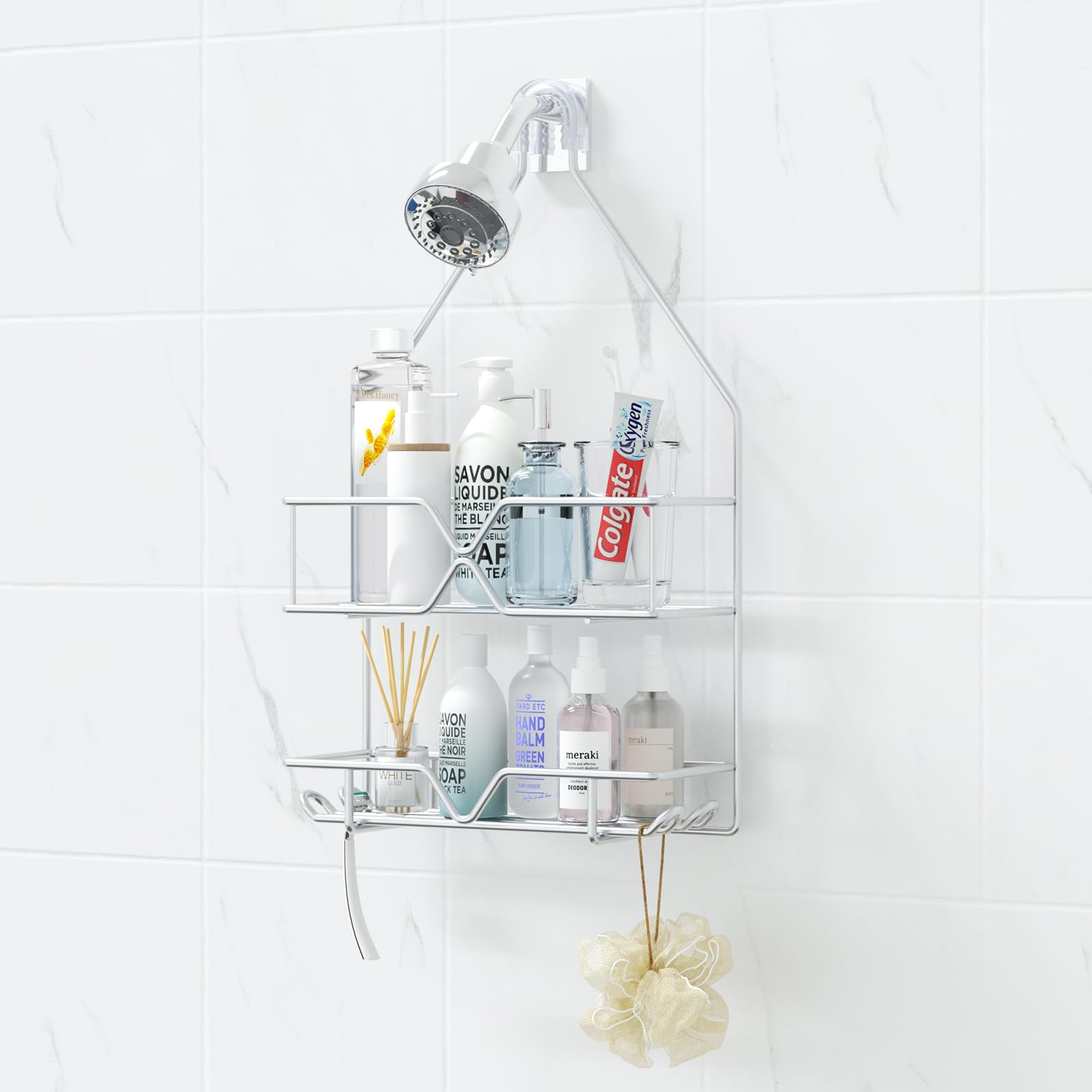 TreeLen rustproof shower caddy mounted over the shower arm for easy reach.