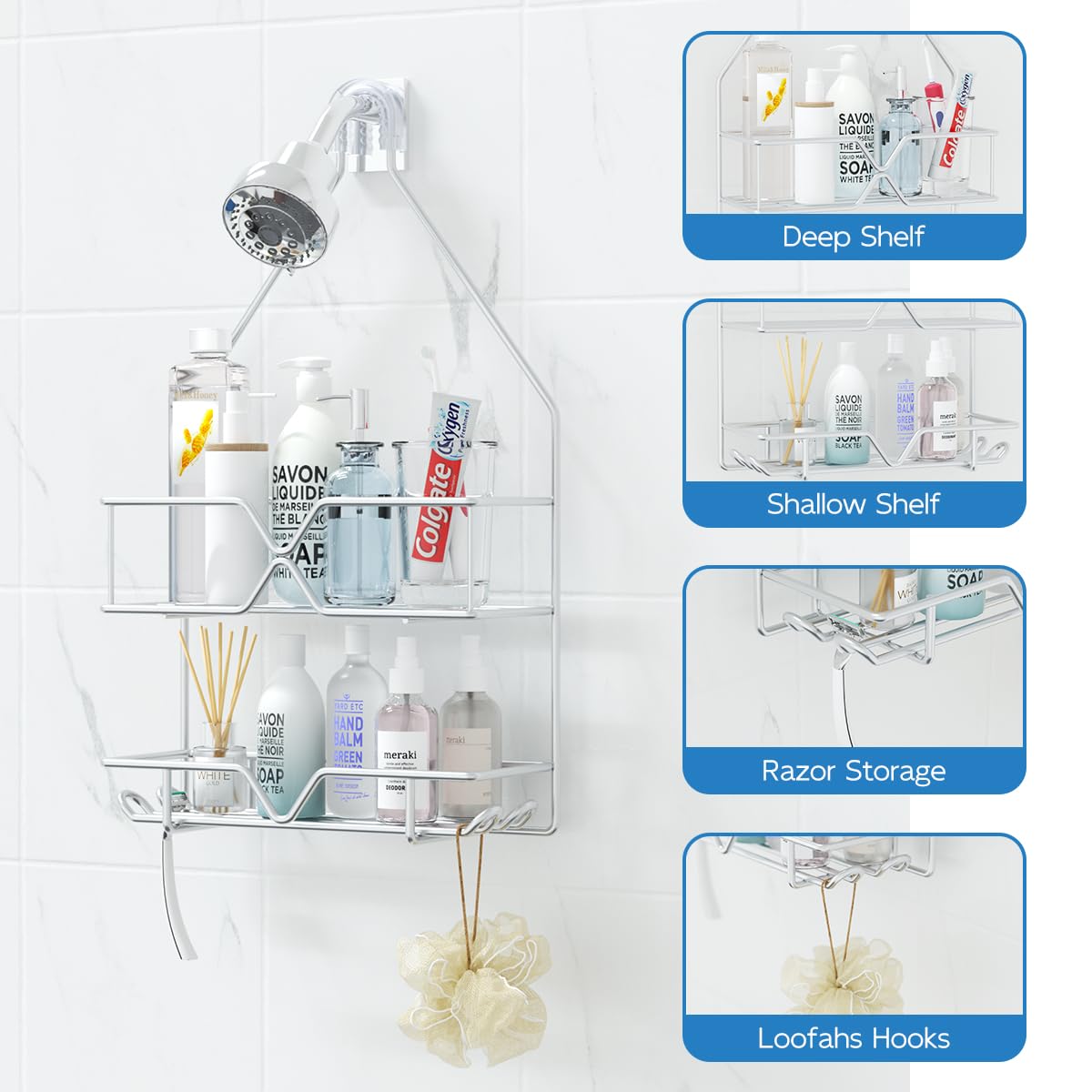 TreeLen four-hooks area keeps razors and loofahs organized.