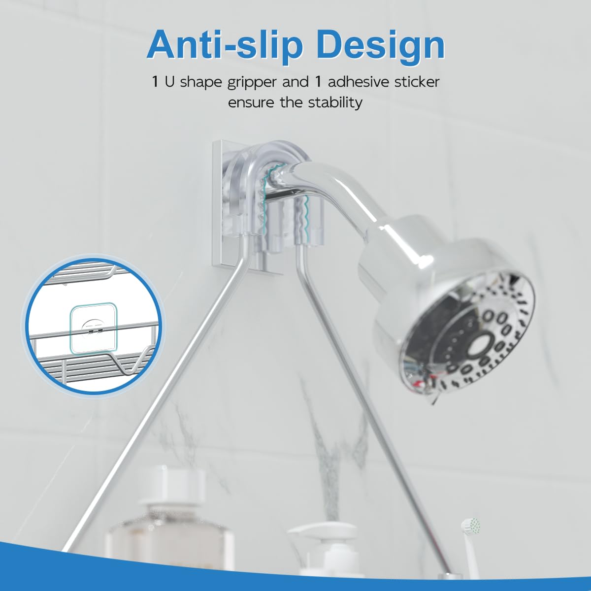 TreeLen two-shelf design holds shampoos and soaps in a compact bathroom.
