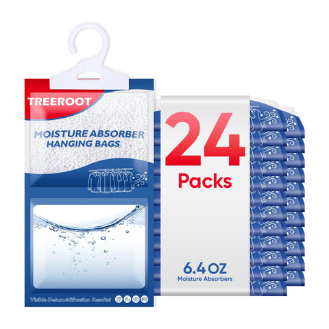 Treeroot moisture absorber in a wardrobe bag protects clothes from moisture.
