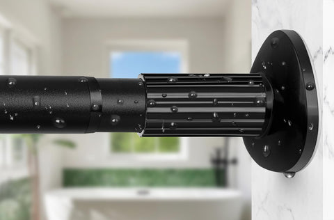 Treije tension curtain rod extended to fit wide windows while supporting heavy drapes.