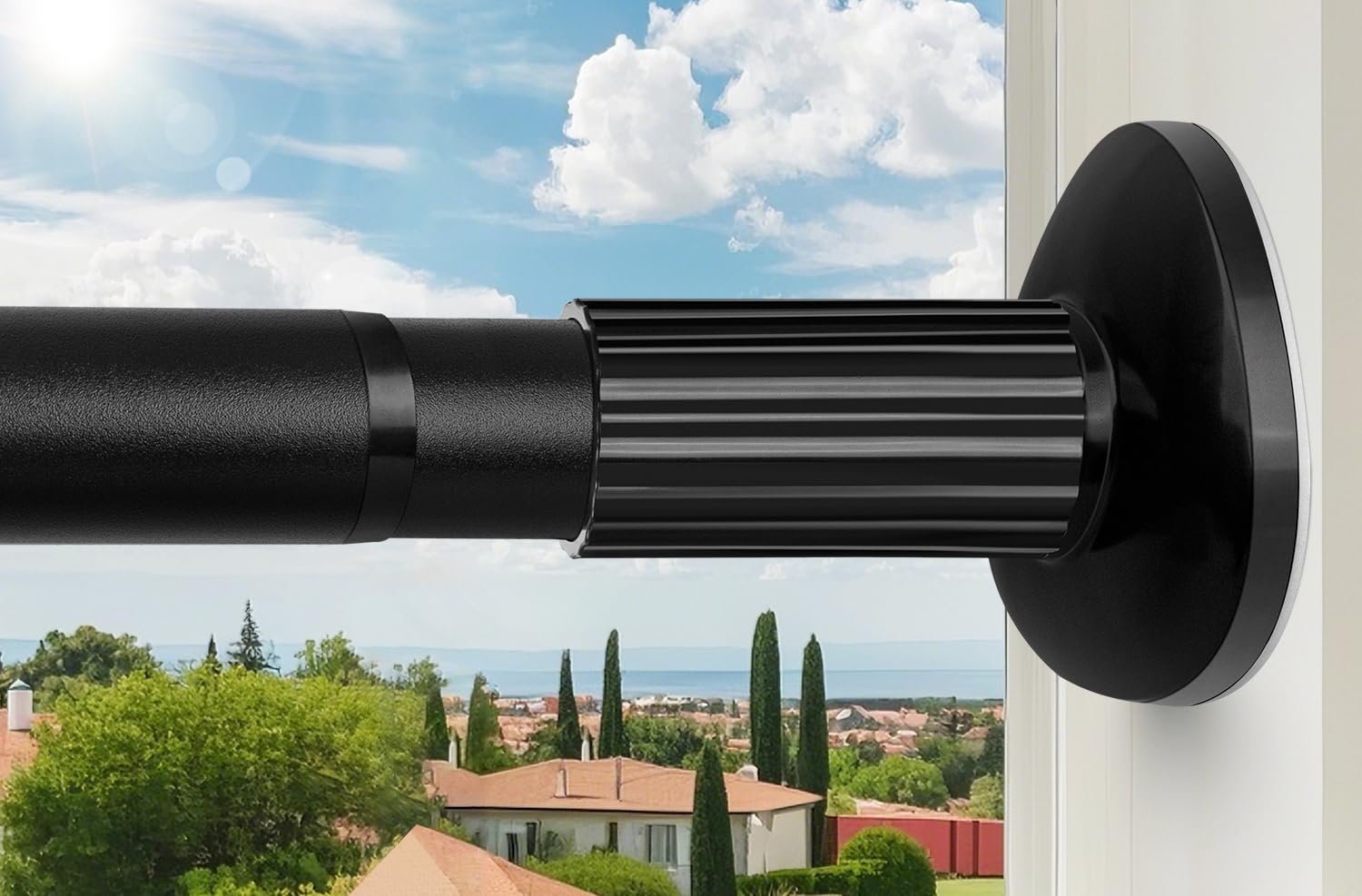 Treije tension rod fully extended shows large window coverage and flexibility