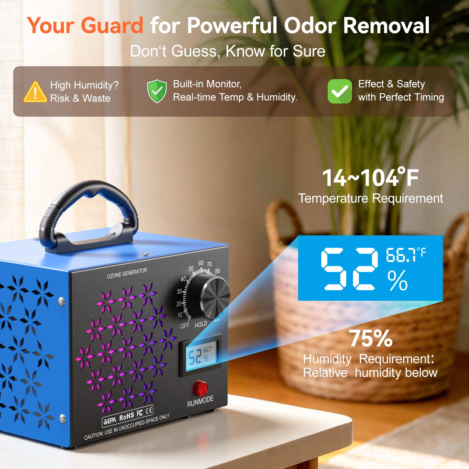 Trekkinglamb ozone generator digital display monitors room conditions.