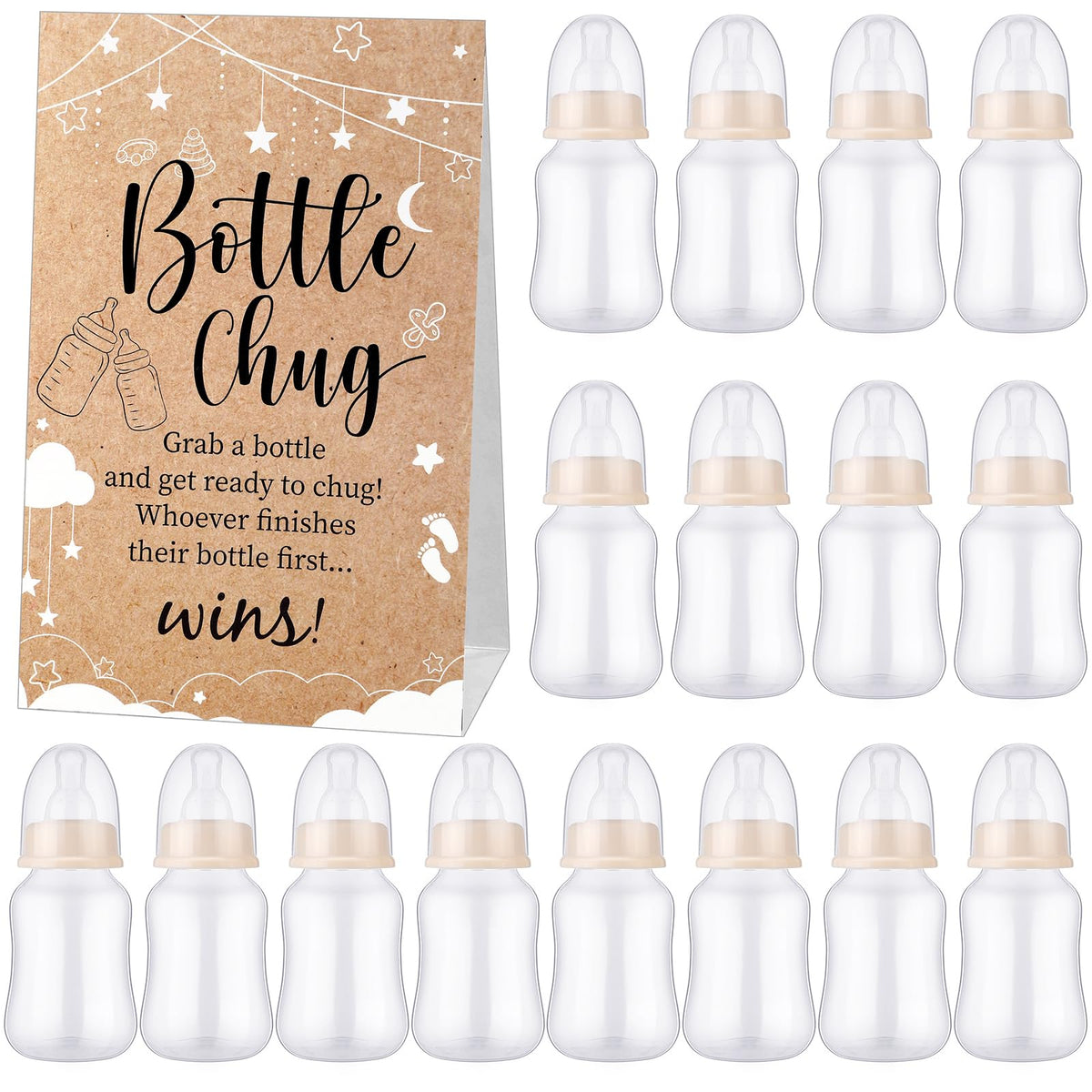 TrelaCo Bottle Chug Set with 20 baby bottles for fun baby shower games