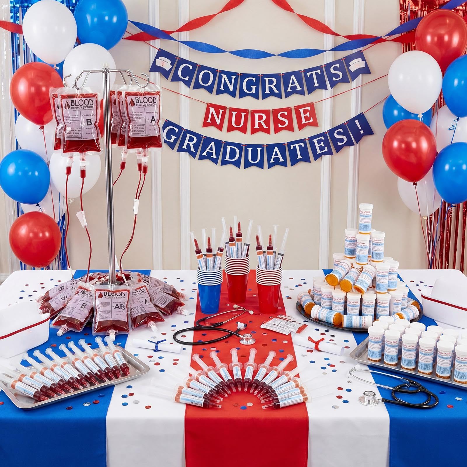 TrelaCo graduation party setup with medical-themed decor