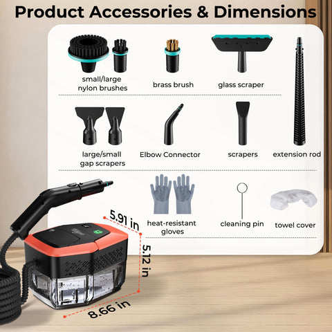 Trelyna Steam Cleaner accessories storage with 12 tools organized neatly.