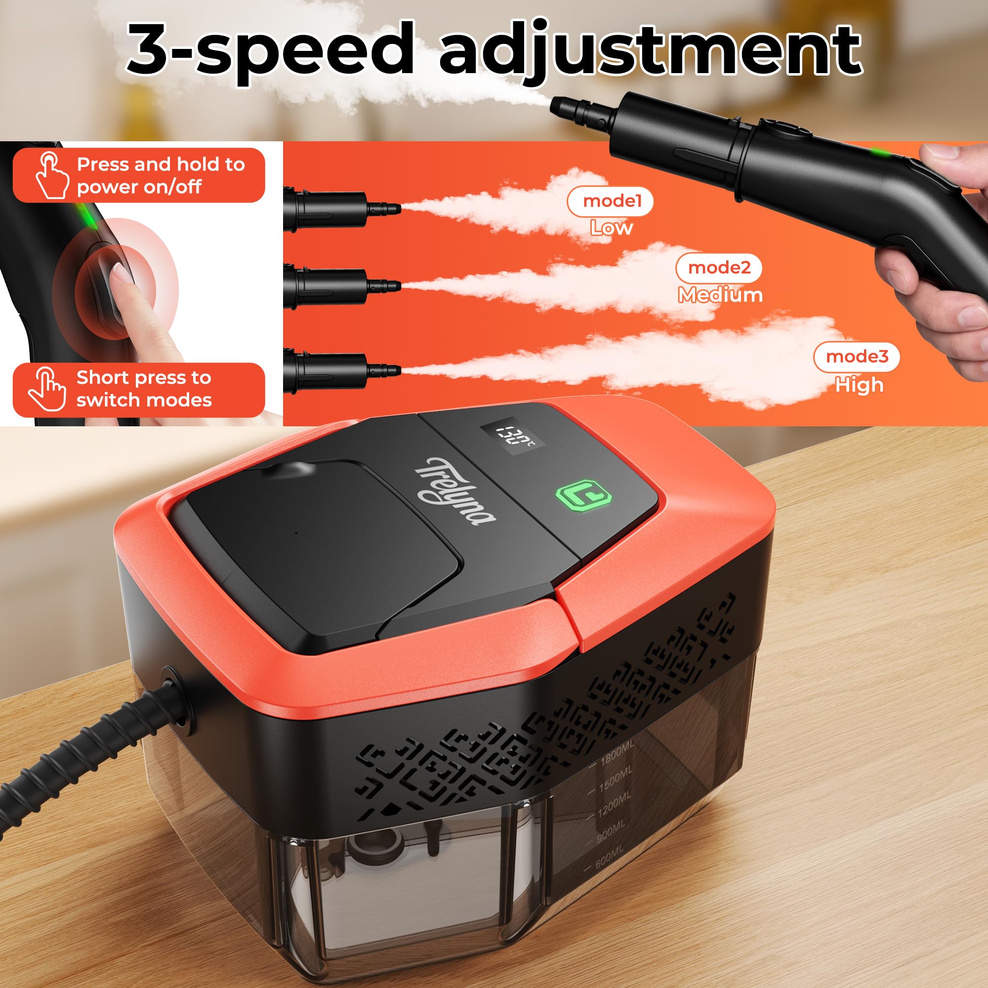 Trelyna Steam Cleaner control panel demonstrates adjustable settings for targeted cleaning.
