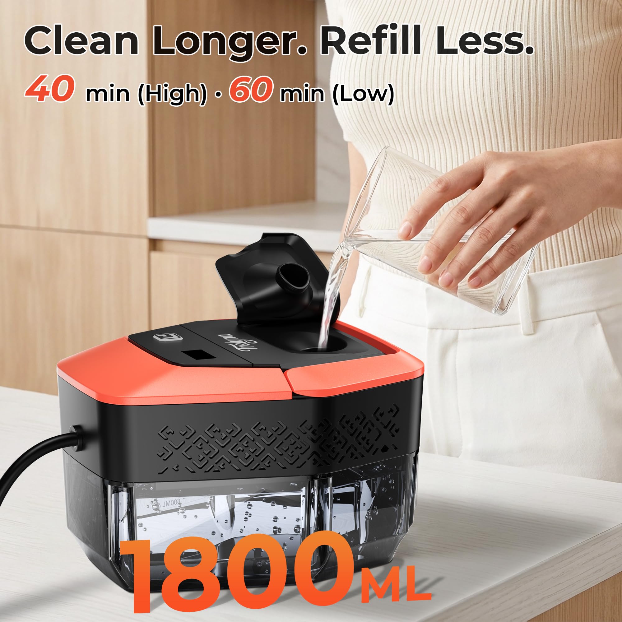 Trelyna Steam Cleaner long cord and hose providing wide cleaning radius.