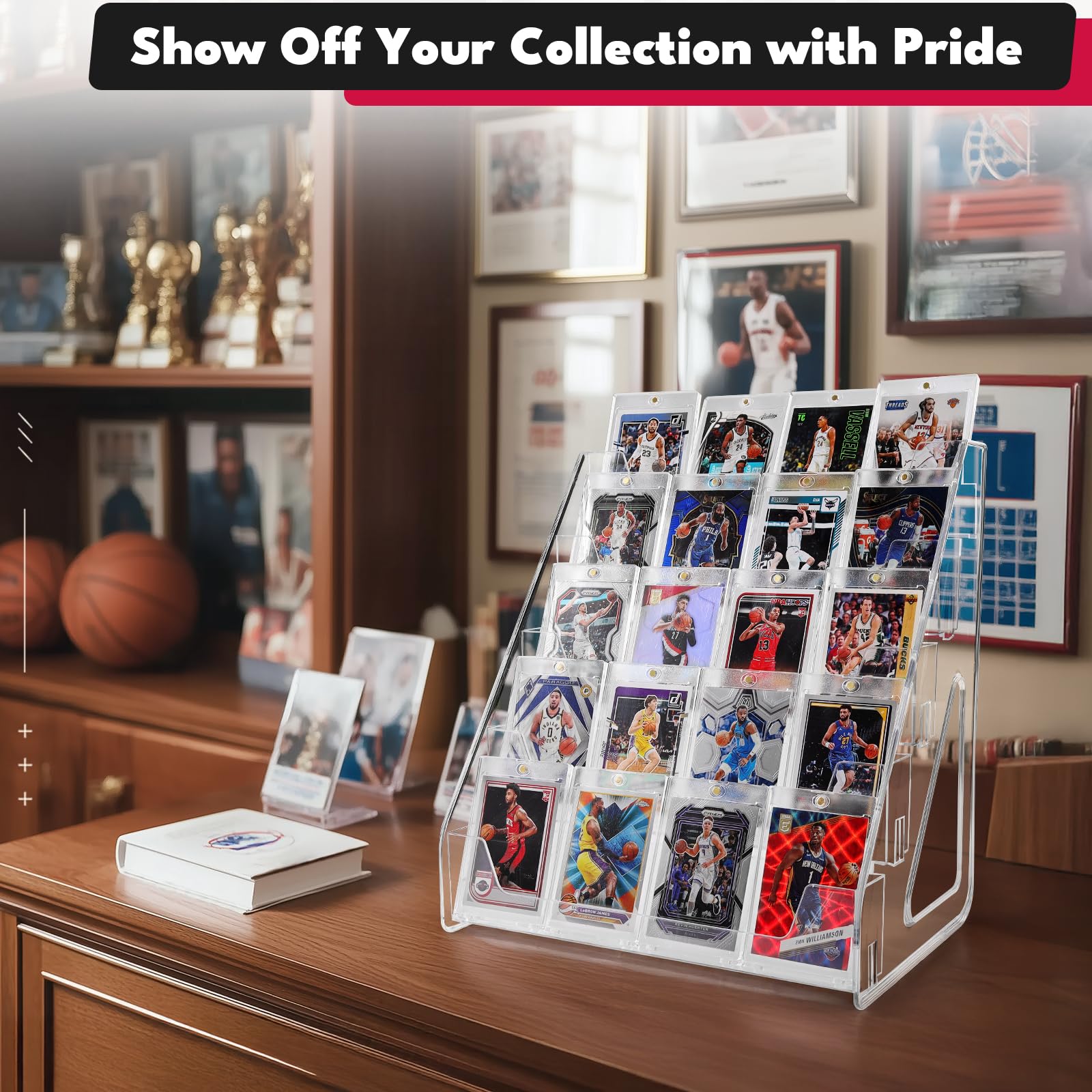 Close-up of TrendTrust desk-style display for cards.