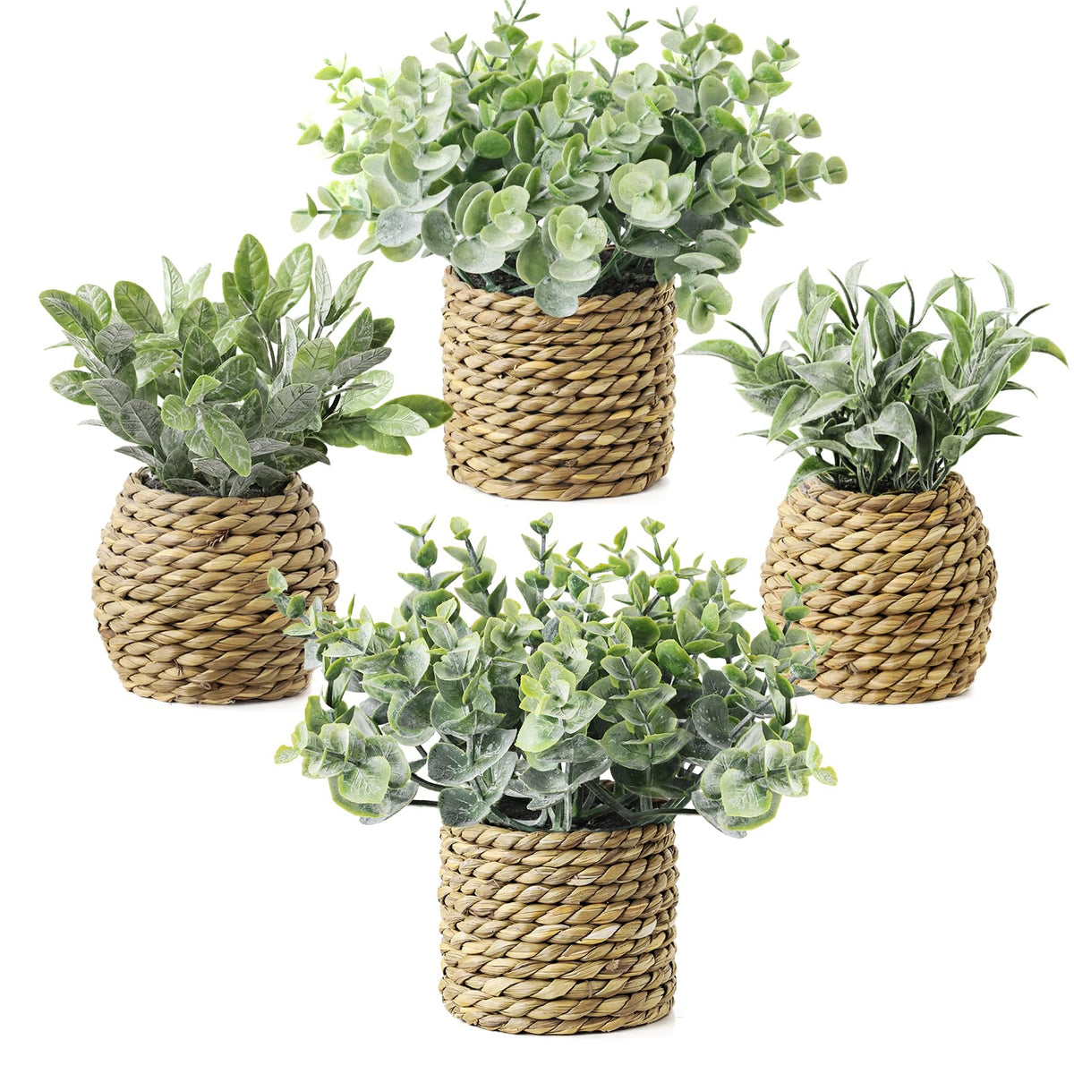 Treory small fake potted plant in seagrass planter for cozy indoor ambiance.