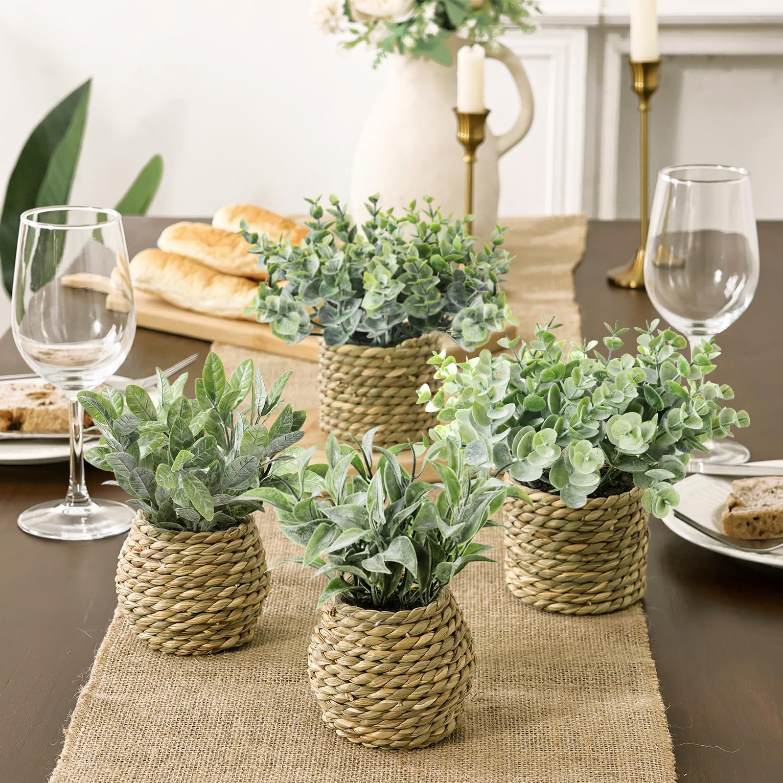 Treory compact greenery in seagrass planters for kitchen or desk space.