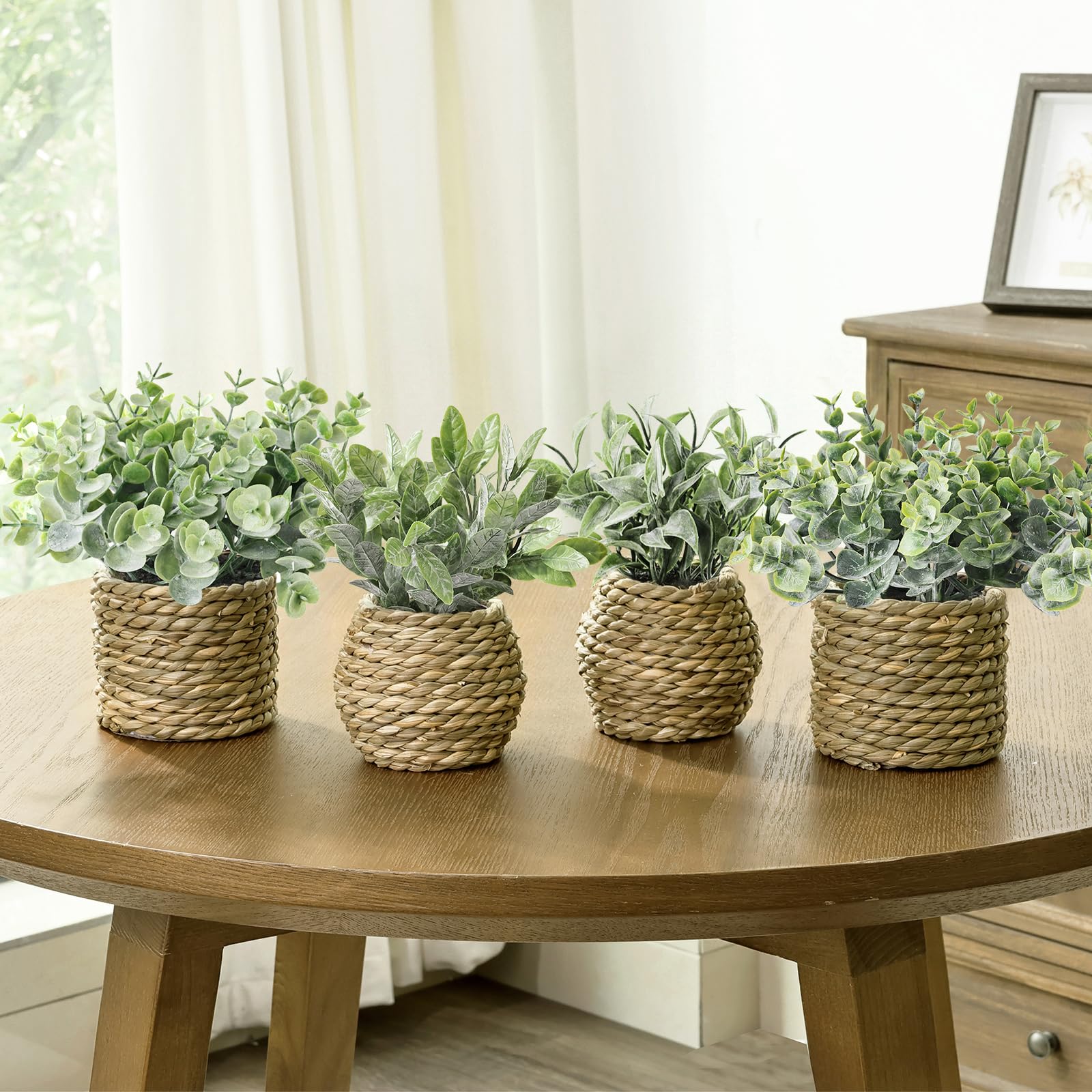 Treory quad-pack fake plants in seagrass planters for year-round decor.