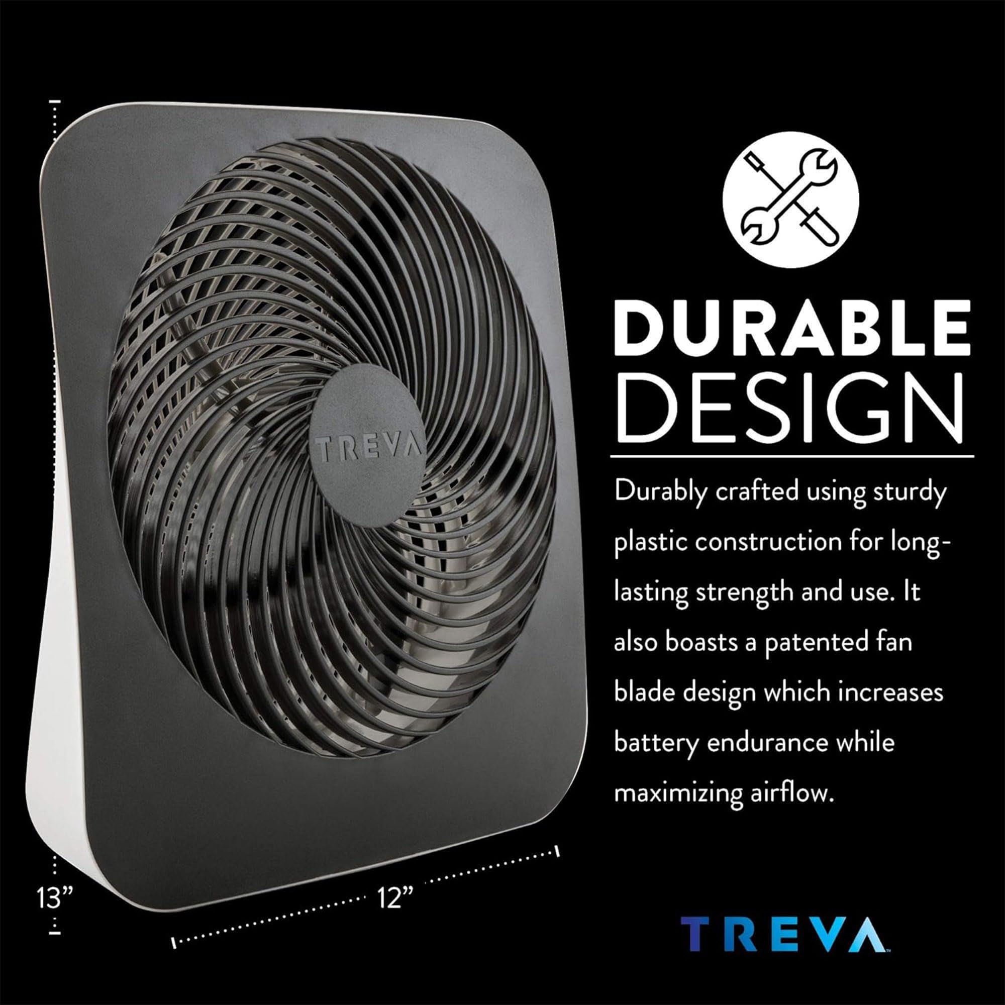 Treva 10-inch fan blade detail showing efficient airflow.