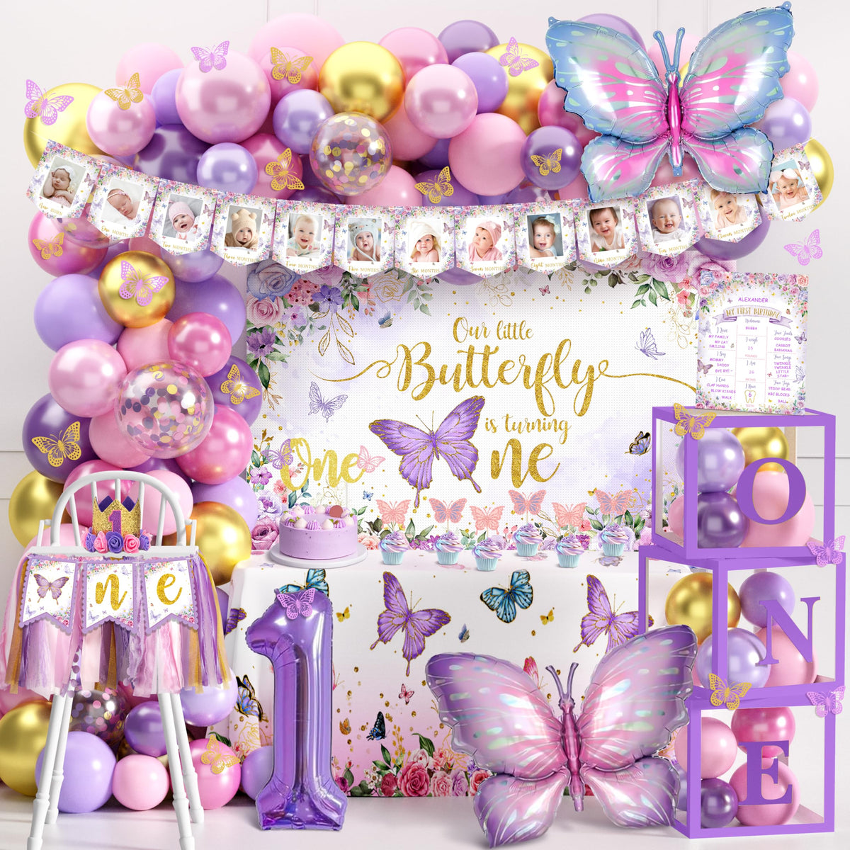 TREWAVE butterfly first birthday balloon arch decor for a festive entrance.