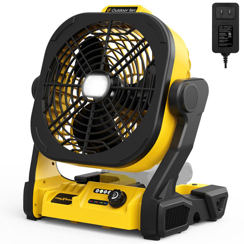 TREXEEN battery fan connected to Dewalt 20V battery for portable jobsite cooling.