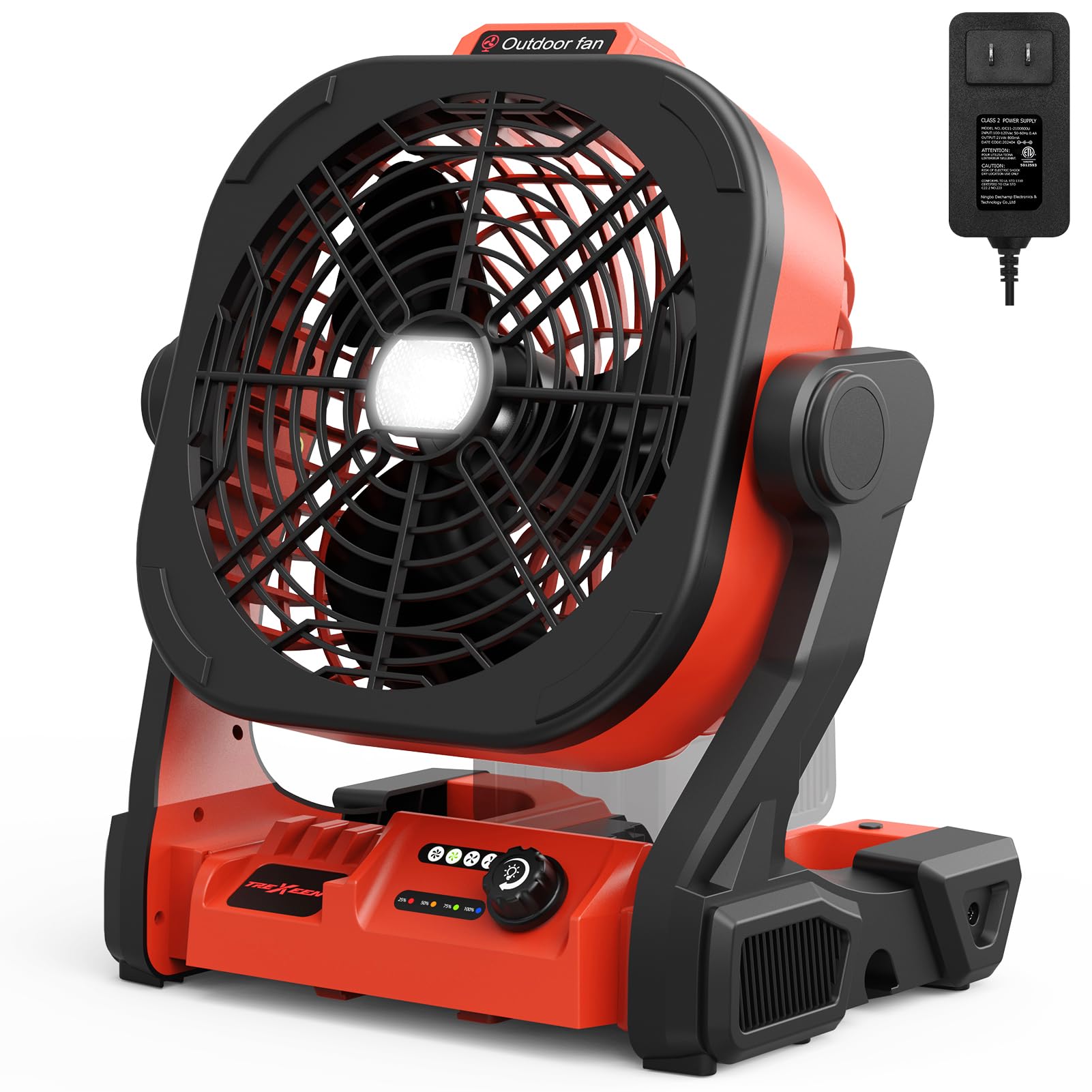 TREXEEN Milwaukee M18 compatible fan, front view, delivering portable cooling on busy job sites.