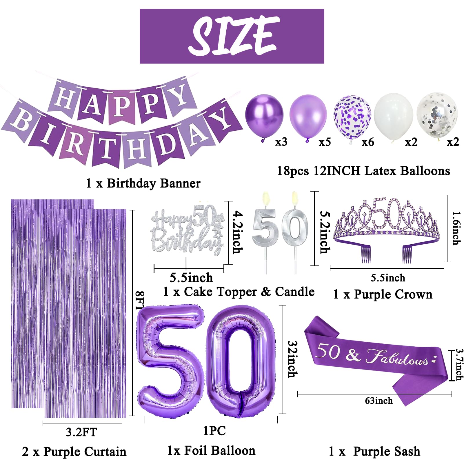 Trgowaul purple-number-50 balloons provide a classic milestone accent.