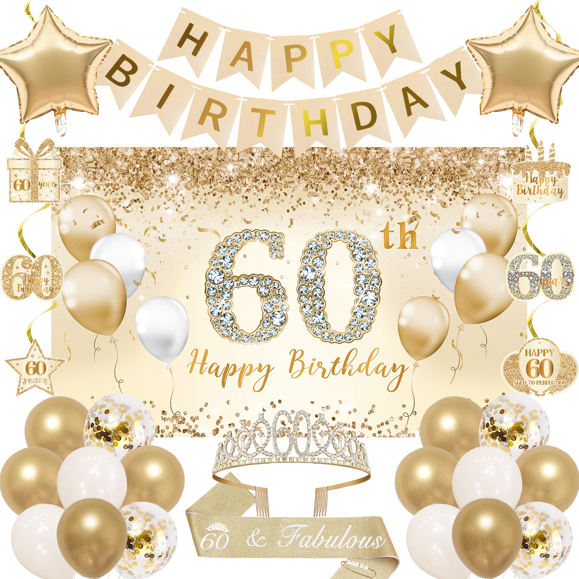 Trgowaul 60th birthday banner, elegant champagne gold decor for milestone celebration.