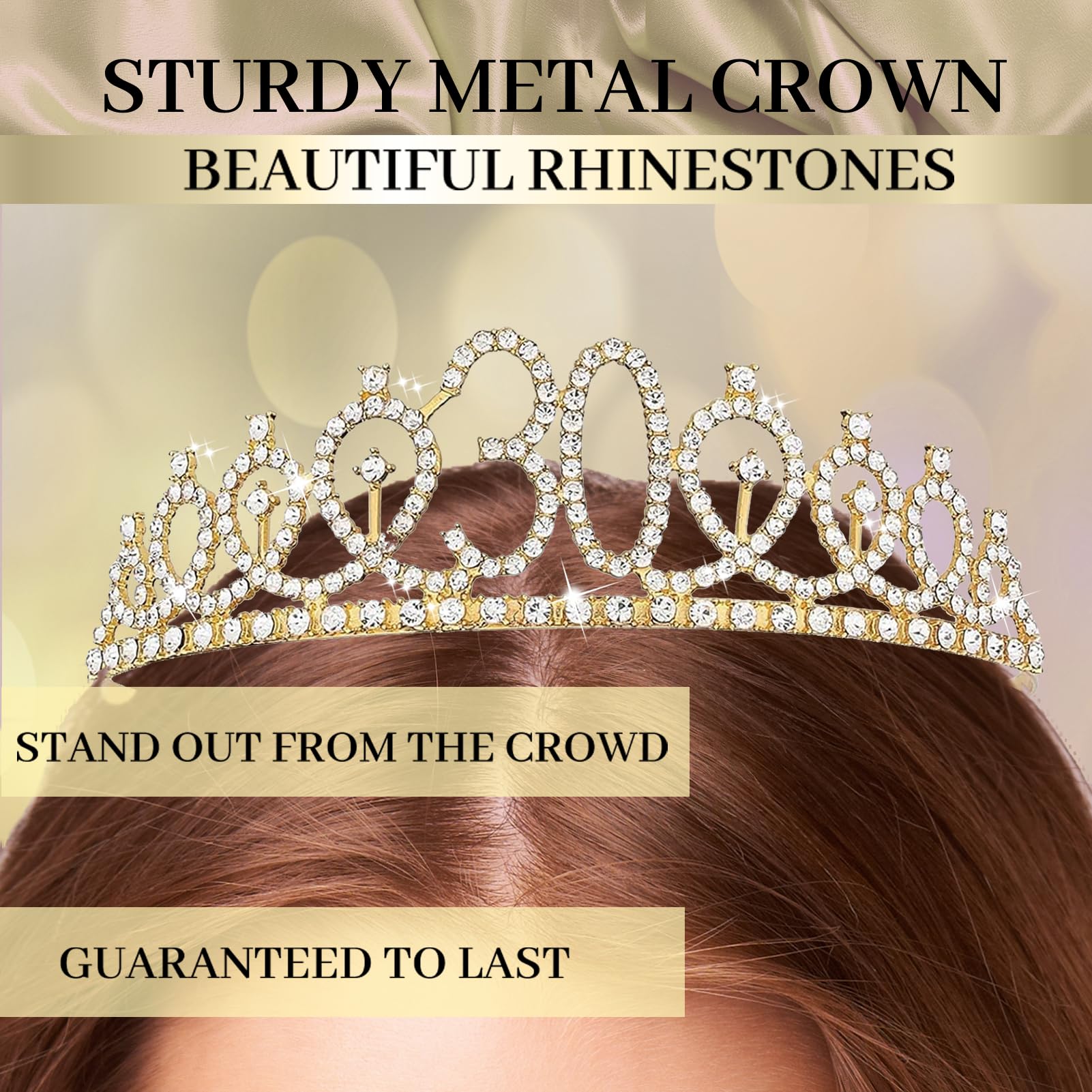 Trgowaul gold rhinestone crown with combs stays in place all night.
