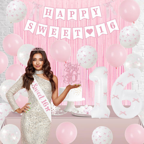 Trgowaul pink bow decor complements walls, tables, and balloons