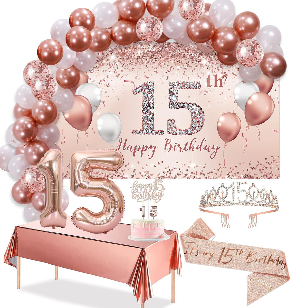 Trgowaul rose gold arch backdrop for a festive 15th birthday photo setup
