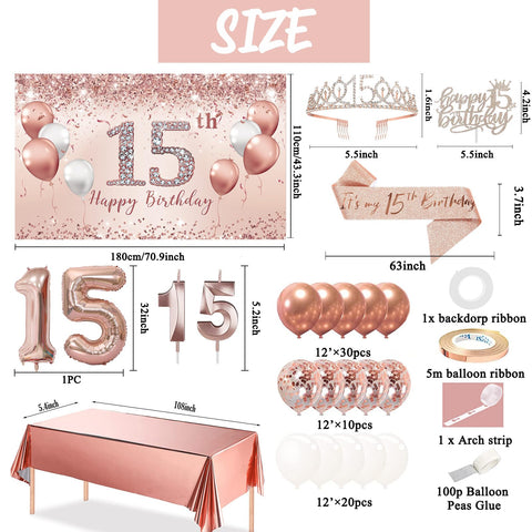 Trgowaul rose gold banner highlights the 15th birthday theme
