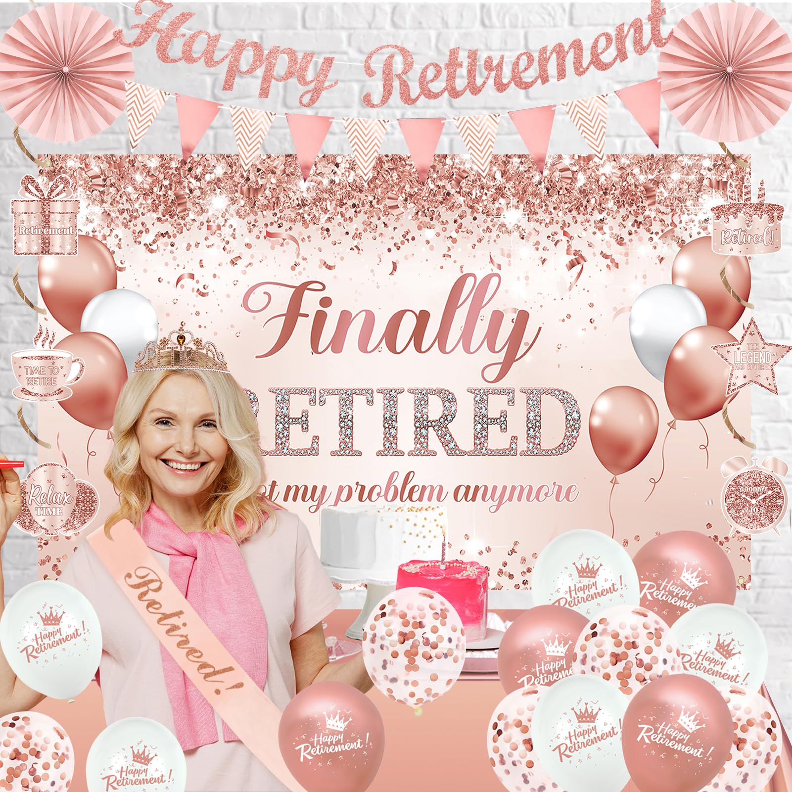 Trgowaul rose gold happy retirement photo backdrop supports memorable portraits.
