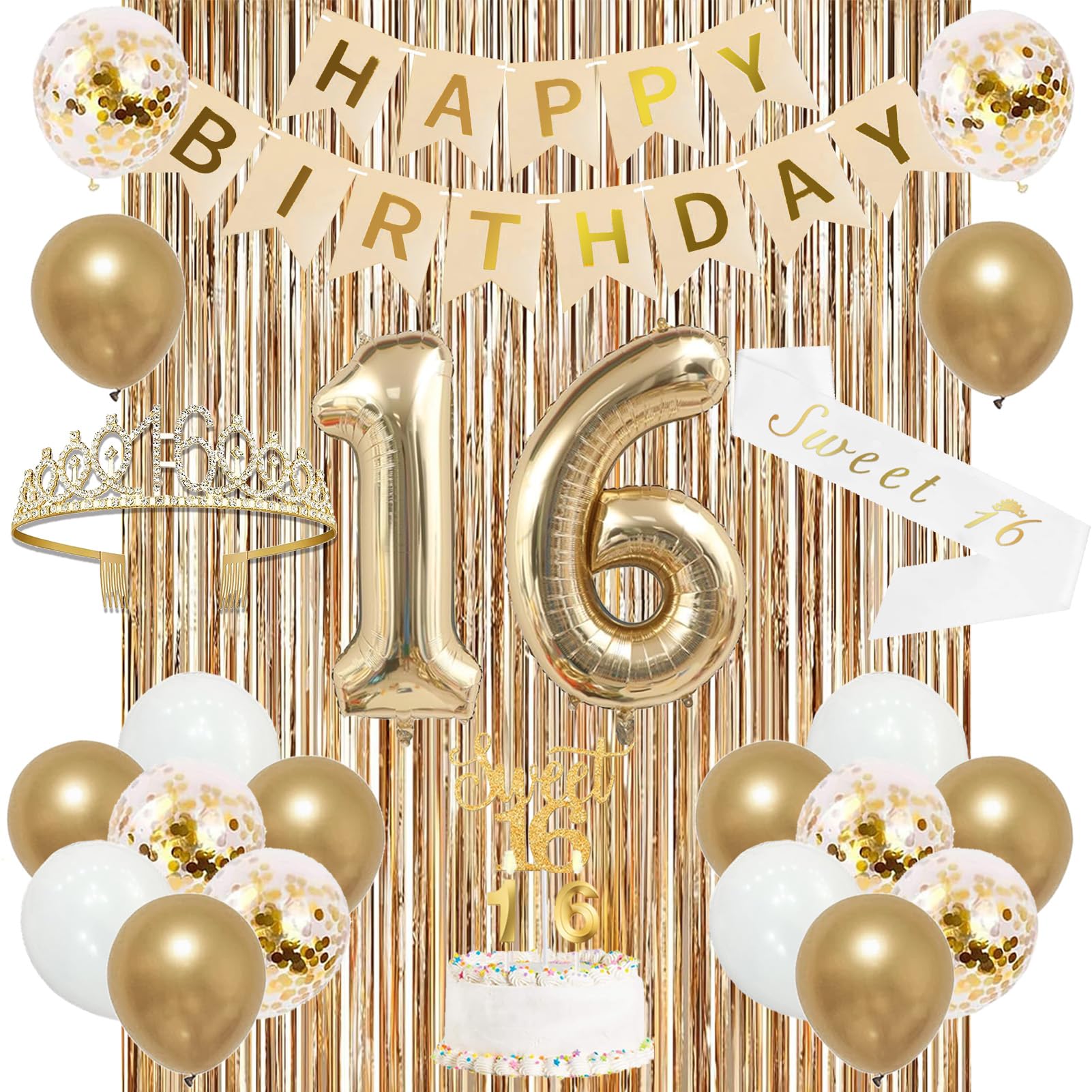 Trgowaul Sweet 16 banner enhances the party backdrop with elegant champagne-gold styling