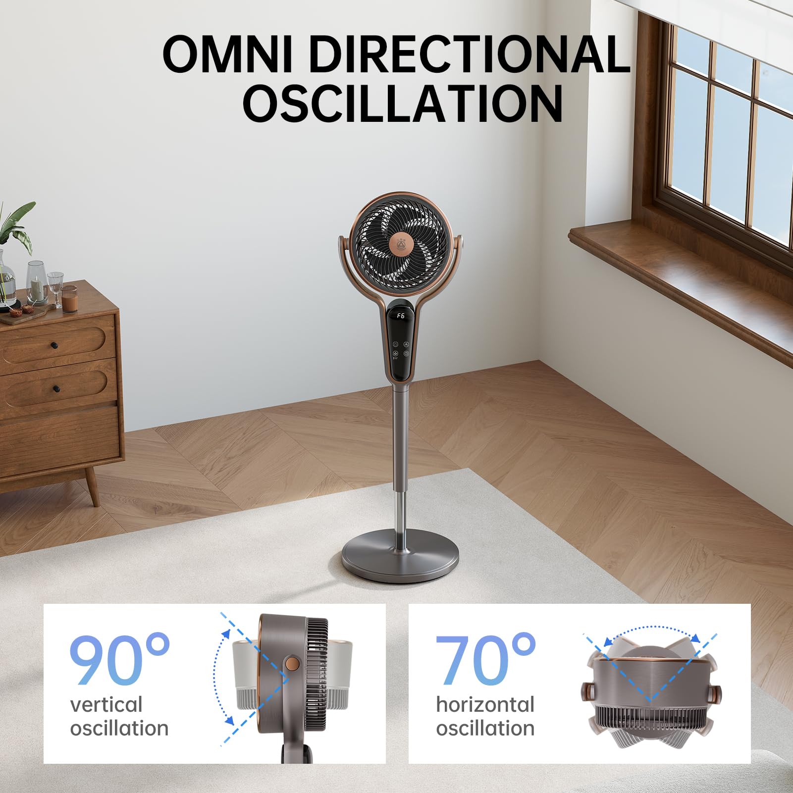 TRIANGLE standing fan with DC motor for quiet operation and energy efficiency