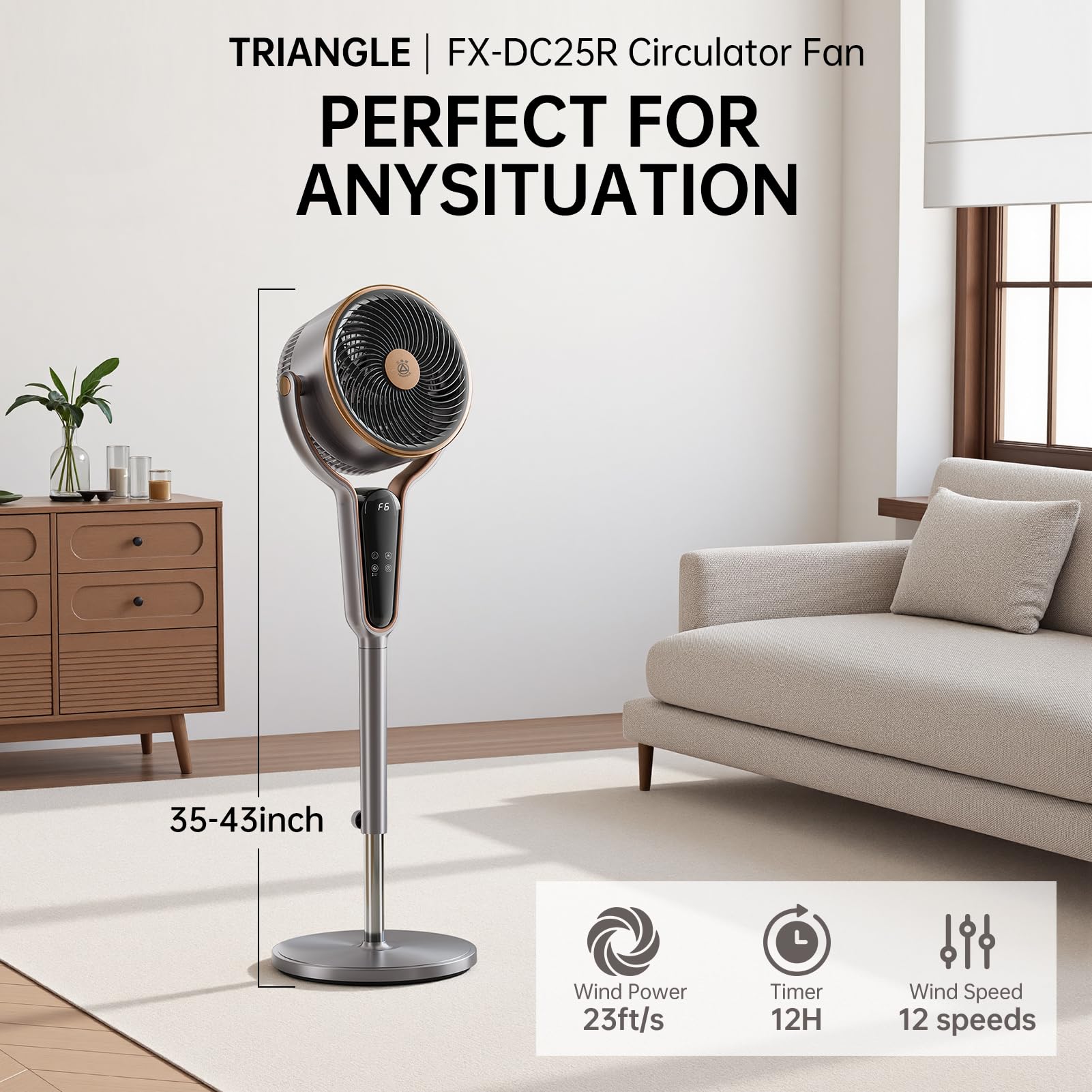 TRIANGLE standing fan demonstrates oscillation angles to cover the room