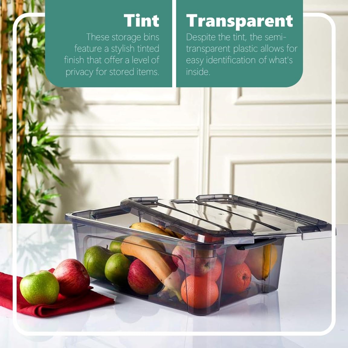 Tribello bin stackable design on shelf saves space and keeps items tidy.