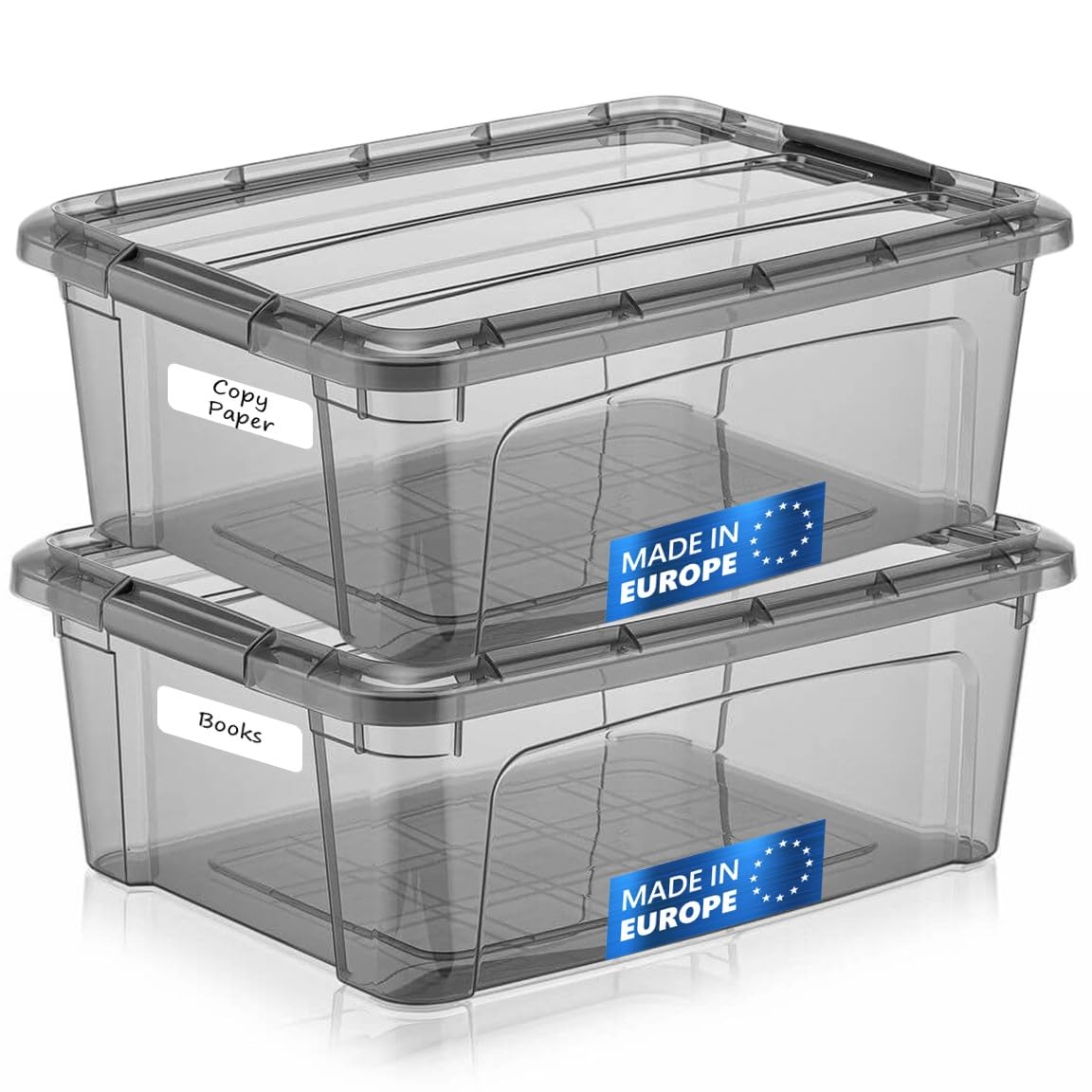 Tribello 12.5-quart tinted-bin side view shows quick content identification.