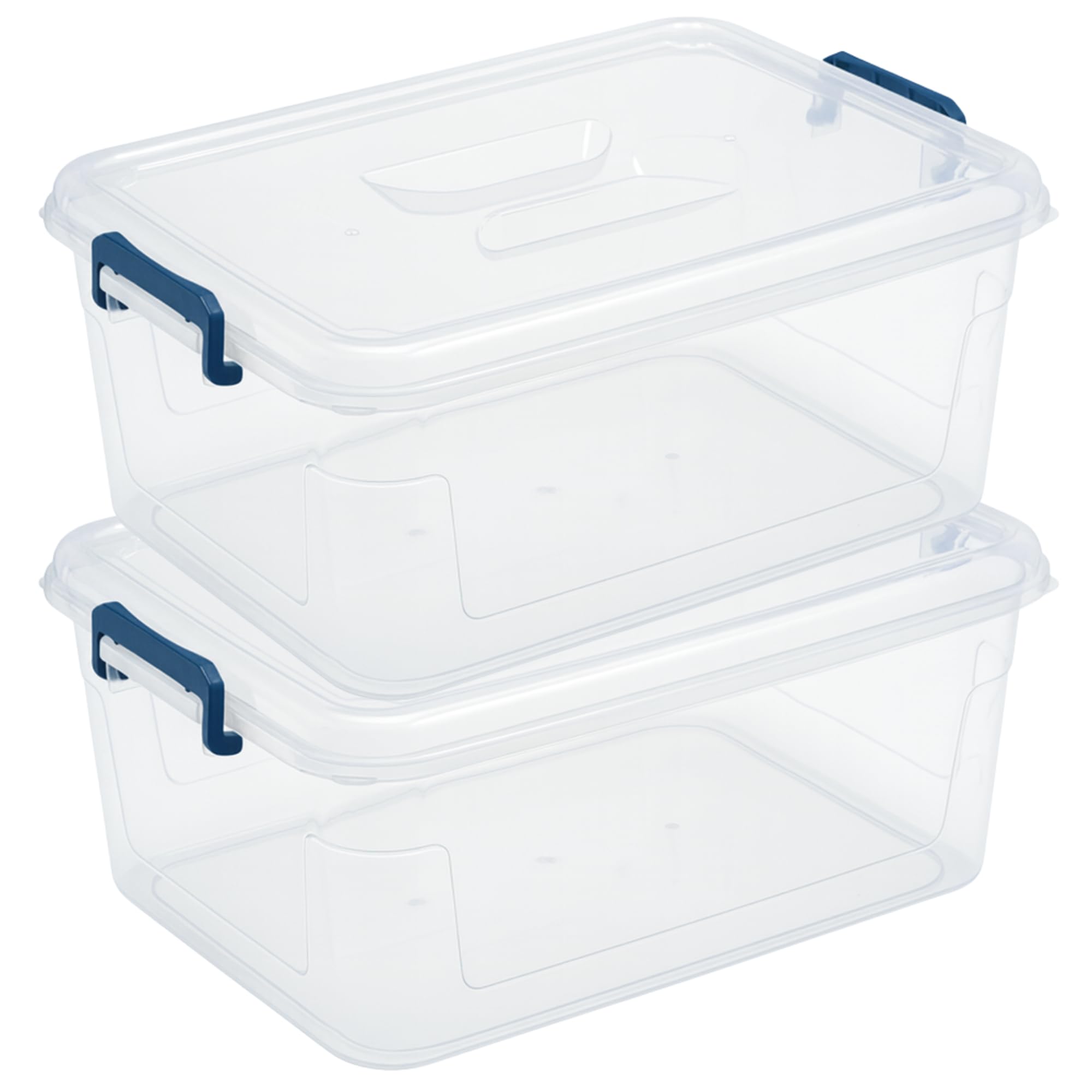 Tribello 16 Qt clear stackable bins with lids for easy organization and visibility.