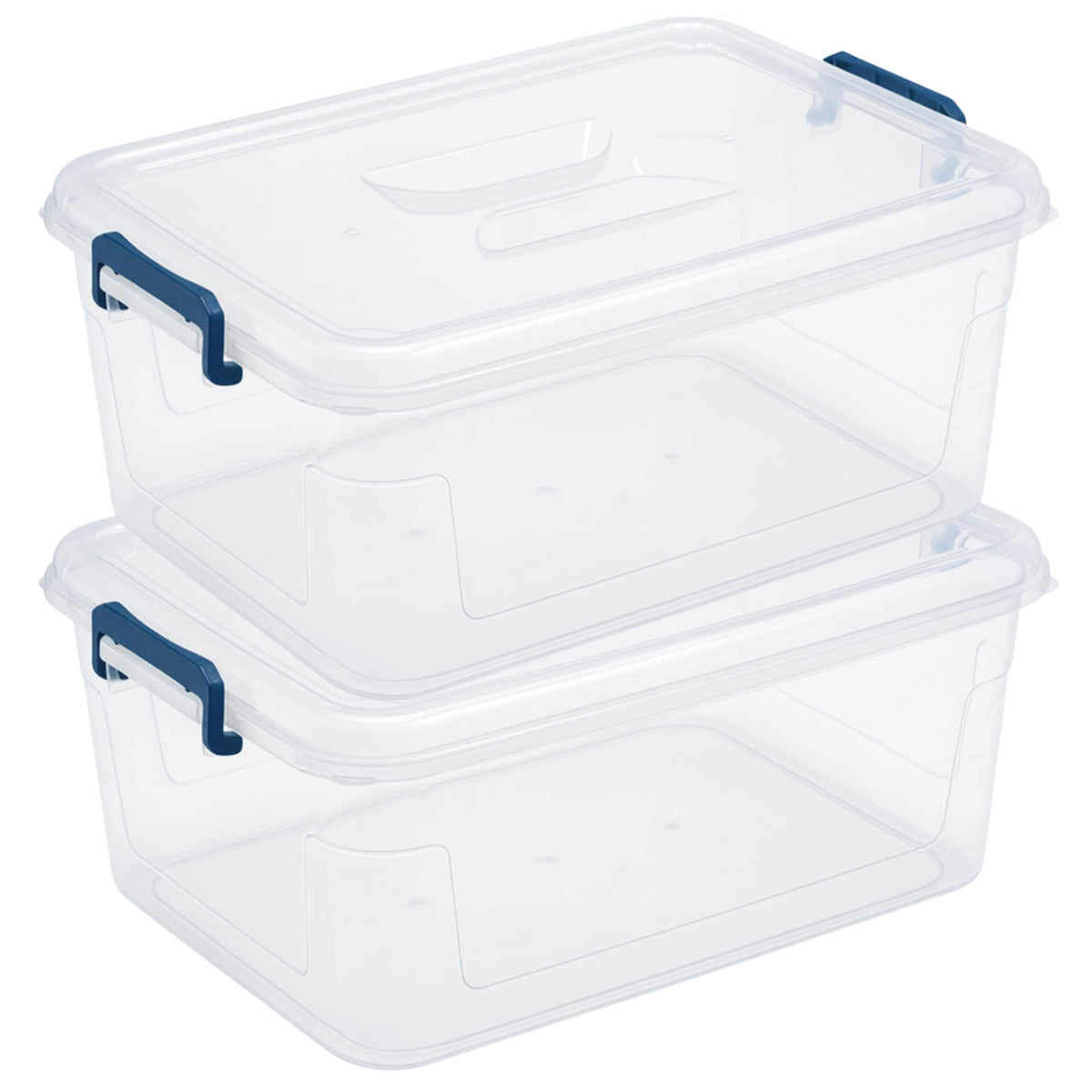 Tribello 16 Qt clear stackable bins with lids for easy organization and visibility.