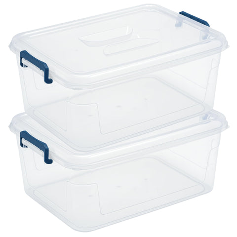 Tribello 16 Qt clear stackable bins with lids for easy organization and visibility.