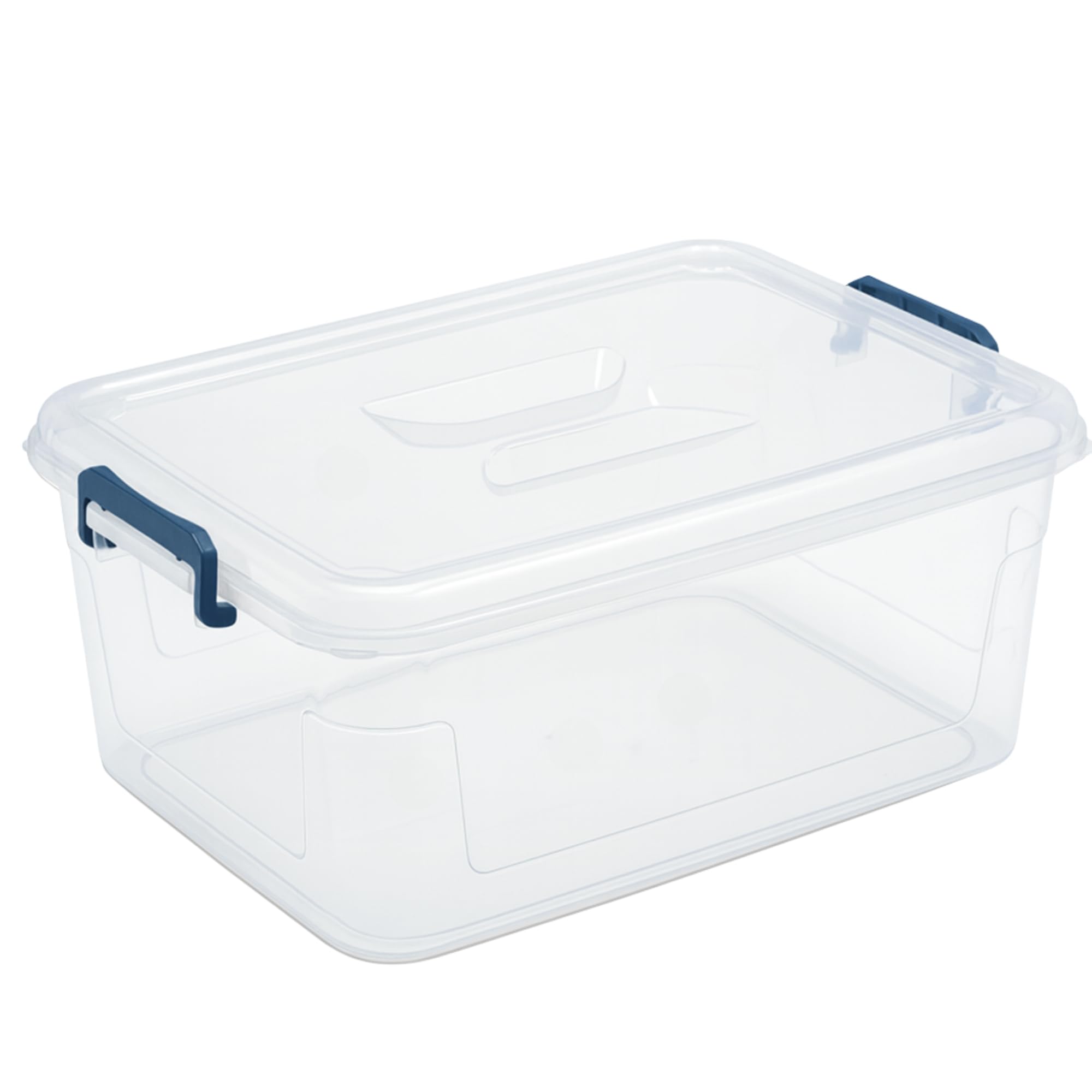 Tribello 21 Qt clear stackable bin offers quick visibility and easy organization.