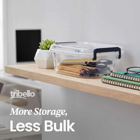 Tribello clear bin on pantry shelf for visible contents.