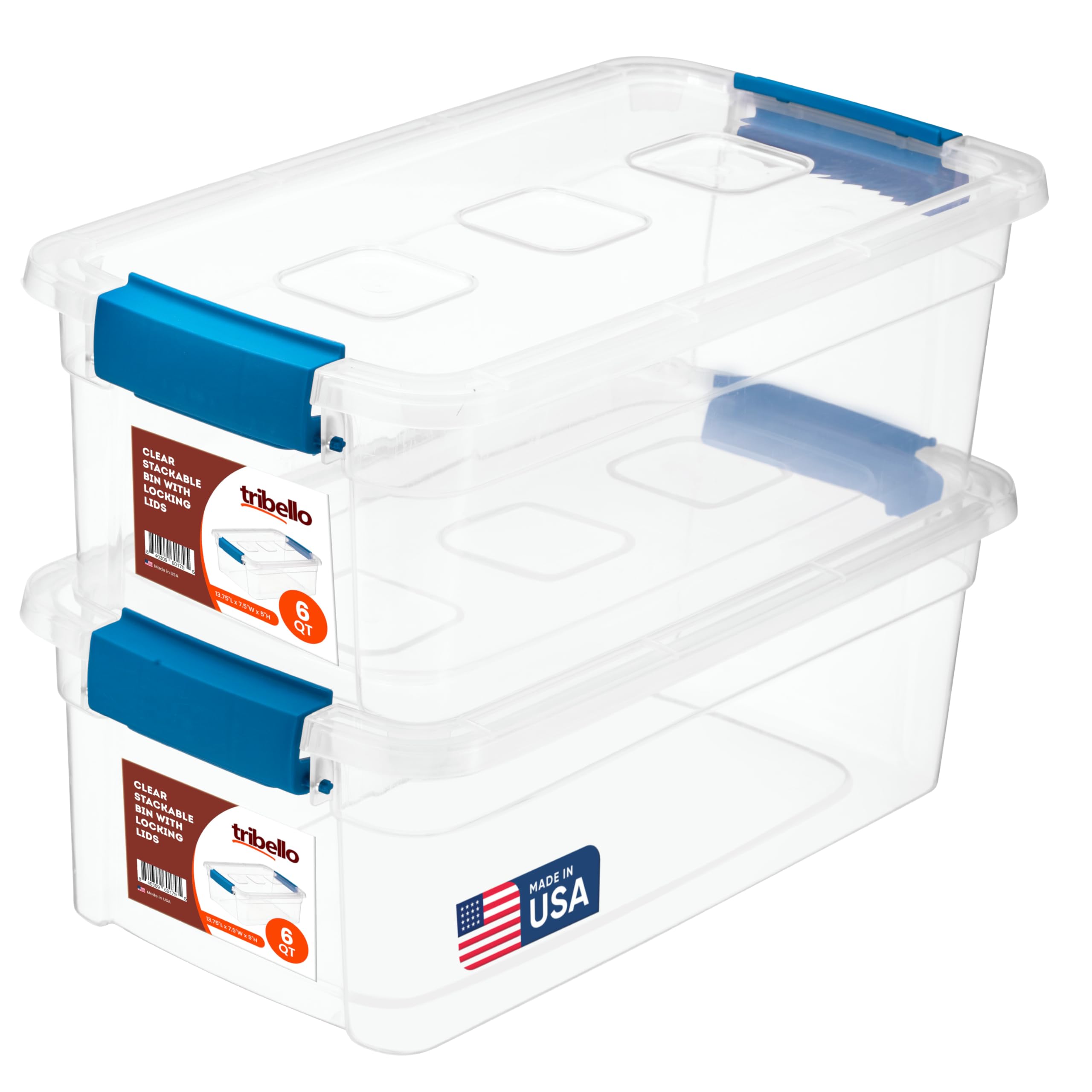 Tribello clear storage bin with lid closeup shows easy content visibility.