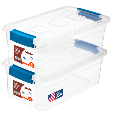 Tribello clear storage bin with lid closeup shows easy content visibility.
