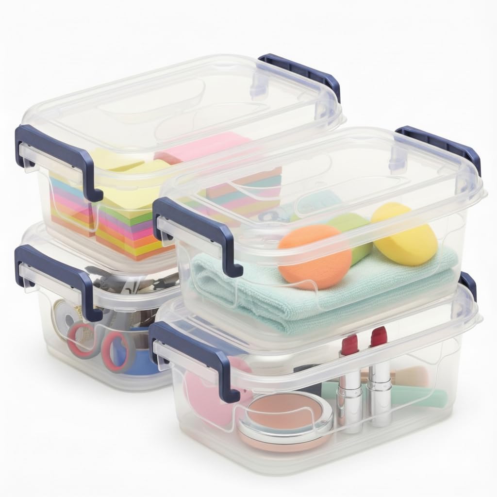 Tribello durable plastic storage bin with latch and lid.