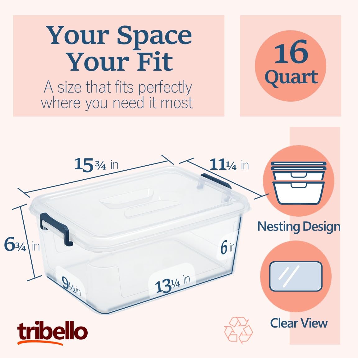 Tribello storage bins with grip handles enable effortless lifting and moving.