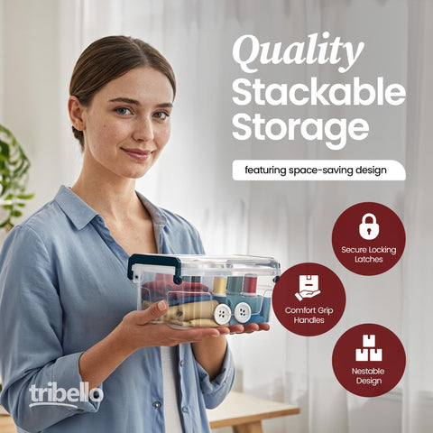 Tribello clear storage bin with handle for easy carrying.