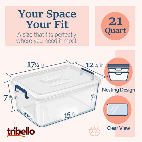 Tribello storage bin with secure latch lid for simple access and reliable closure.