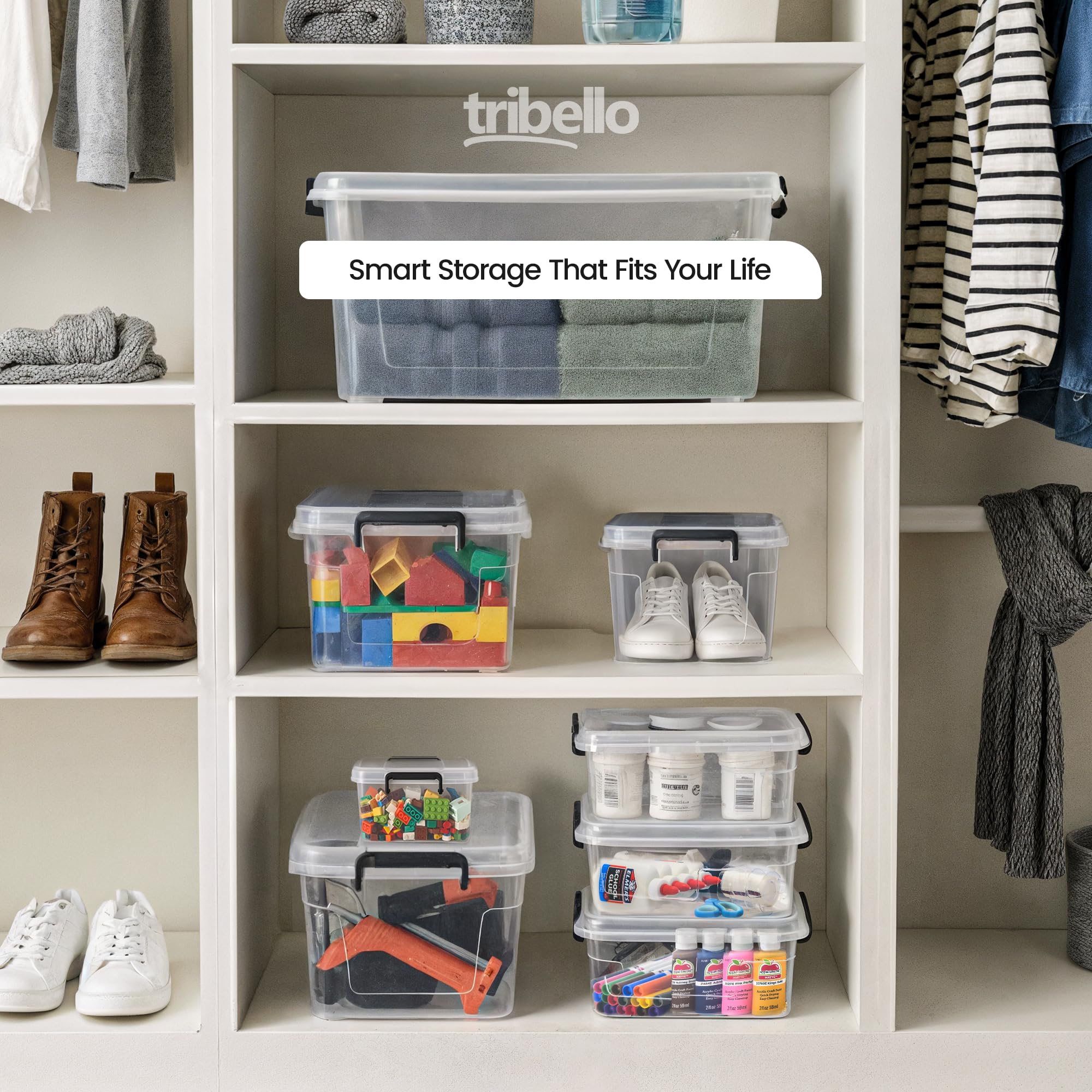 Tribello 16 Qt bins suit clothing, pantry items, crafts and tools.