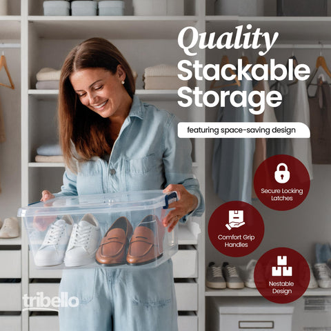 Tribello nestable design saves space in closets and under beds.