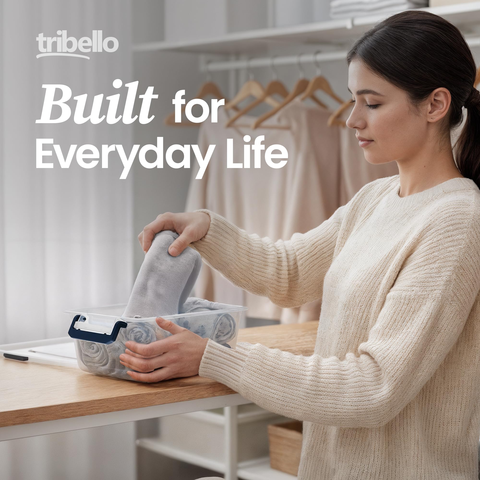 Tribello nestable stackable bin in cabinet design.