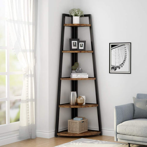 Tribesigns 5-tier rustic corner bookcase highlighting versatile storage display options