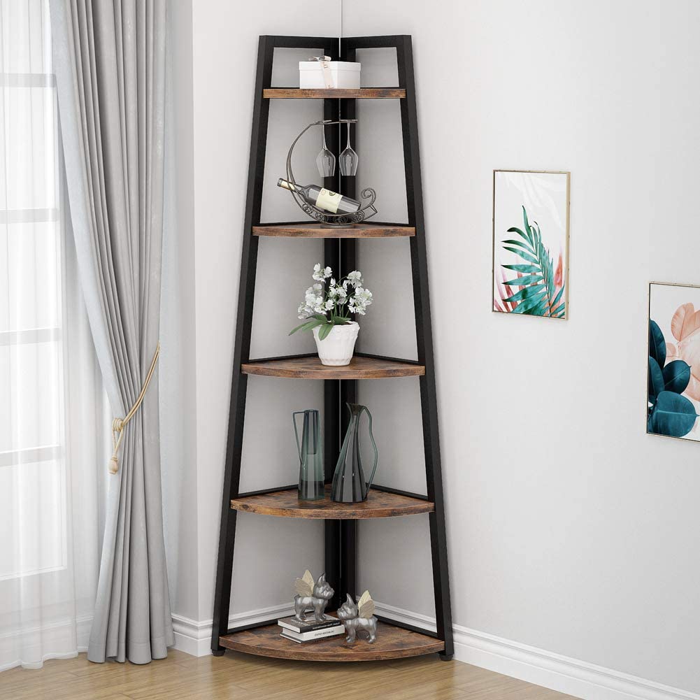 Tribesigns 70-inch tall corner shelf in brown finish showcases space-saving corner unit